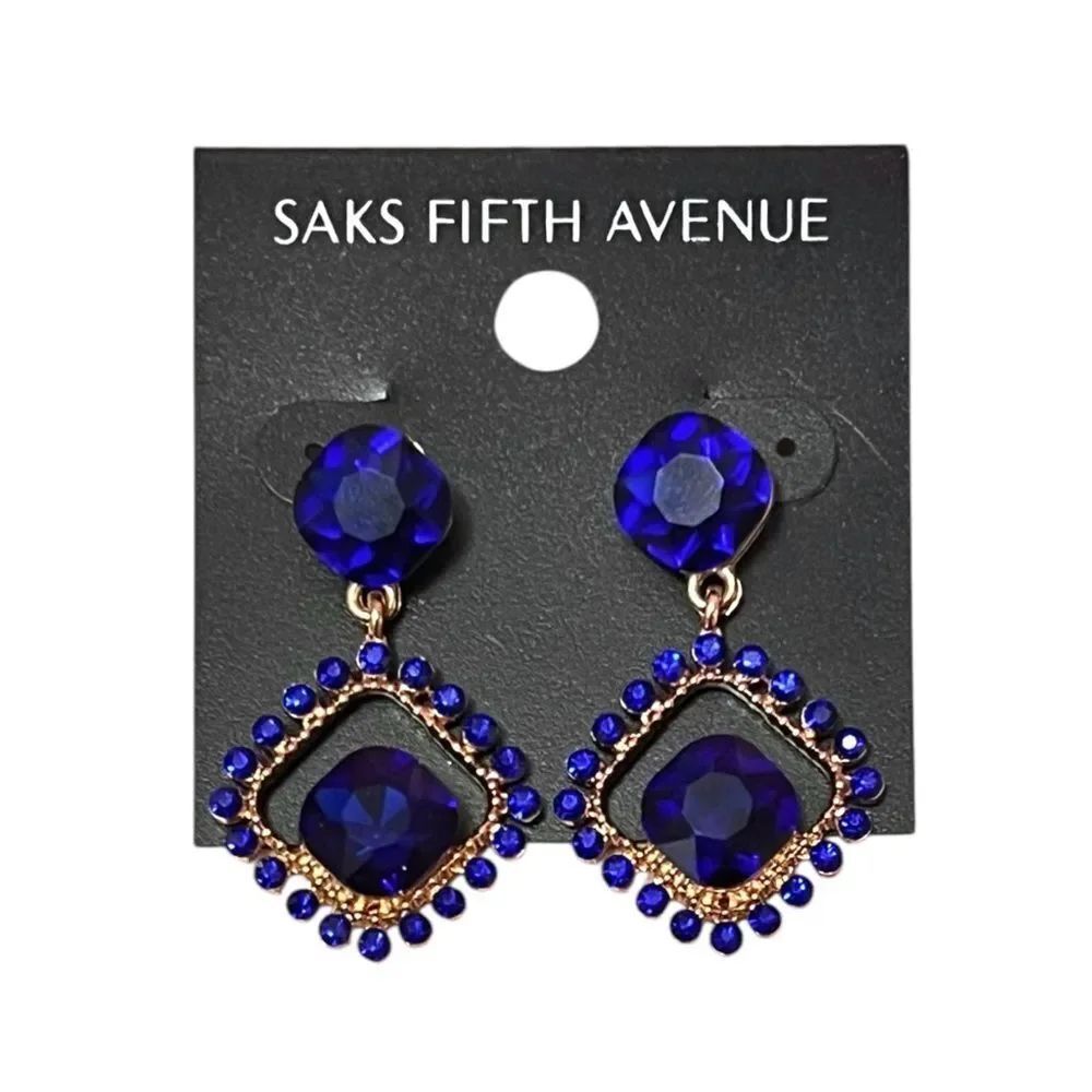 Saks Fifth Avenue Royal Blue Crystal Drop Earrings with Gold Accents